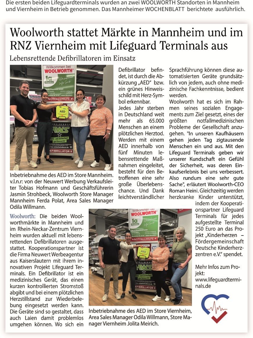 Presseartikel zur Erstinstallation zweier Lifeguard Terminal in Mannheim